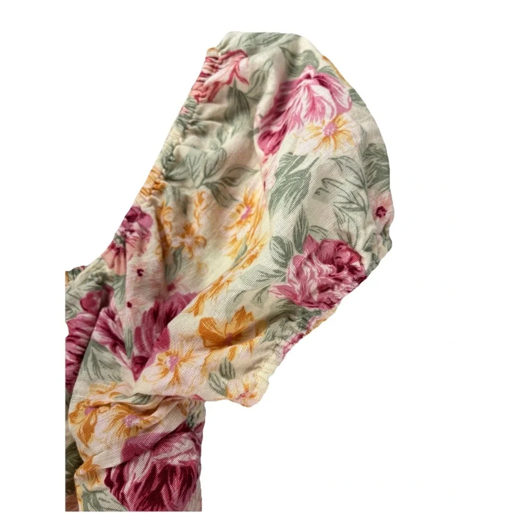 American Eagle Floral Ruched‎ Mini Dress Linen Cotton Puff Sleeve Cottagecore M